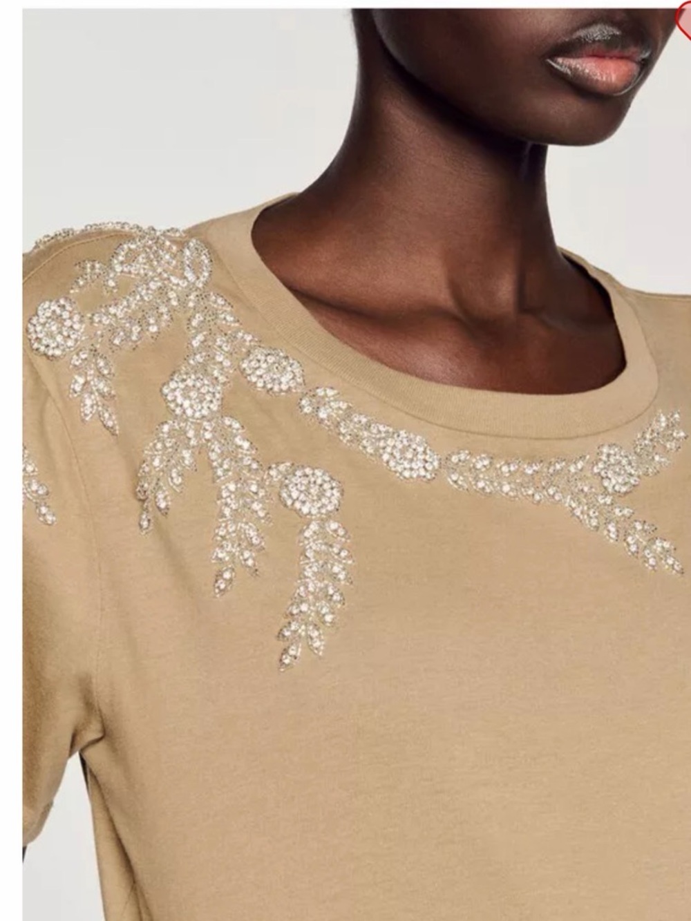NEW Sandro Olive Green Rhinestone Embellished T-Shirt Size 4 US XL - Picture 3 of 11